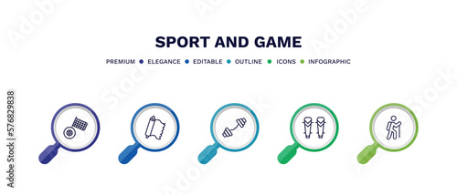 set of sport and game thin line icons. sport and game outline icons with infographic template. linear icons such as motor sports, foil, weighted bars, shin guards, trekking vector.