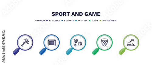 set of sport and game thin line icons. sport and game outline icons with infographic template. linear icons such as tennis game, hockey goal, balls, basketball basket, ice skates vector.