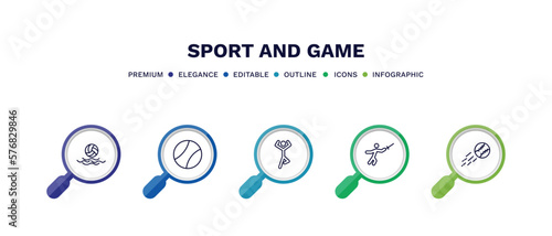 set of sport and game thin line icons. sport and game outline icons with infographic template. linear icons such as waterpolo, tennis sport ball, yoga posture, medieval fencing, home run vector.