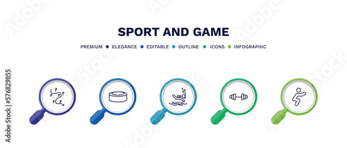 set of sport and game thin line icons. sport and game outline icons with infographic template. linear icons such as slalom, hockey puck, scuba diving, gym weight, squat vector.