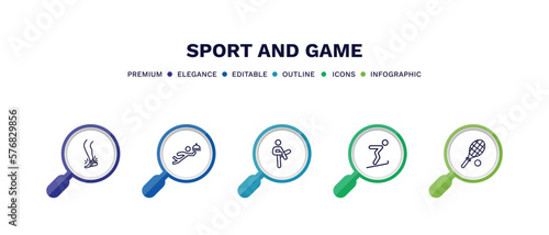 set of sport and game thin line icons. sport and game outline icons with infographic template. linear icons such as sprained ankle, waiter falling, pencak silat, jumping ski, squash vector.