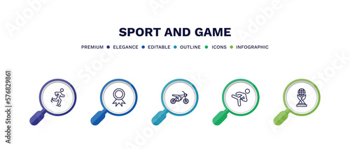 set of sport and game thin line icons. sport and game outline icons with infographic template. linear icons such as ice skating, golden medal, motocross, karate fighter, world cup vector.