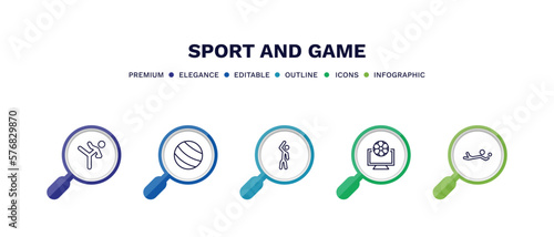 set of sport and game thin line icons. sport and game outline icons with infographic template. linear icons such as taekwondo, exercise ball, left bend, football channel, volleyball motion vector.