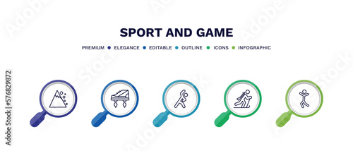 set of sport and game thin line icons. sport and game outline icons with infographic template. linear icons such as snow slide zone, flying shoes, stretching, biathlon, dancing motion vector.