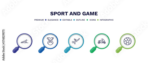 set of sport and game thin line icons. sport and game outline icons with infographic template. linear icons such as man doing pushups, chest guard, capoeira, race bike, soccer football ball vector.