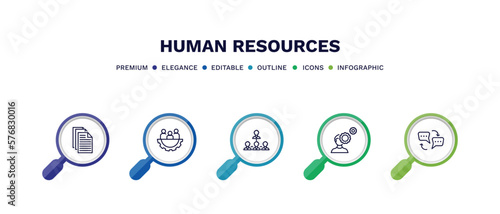 set of human resources thin line icons. human resources outline icons with infographic template. linear icons such as files, teamwork, company structure, behavioral competency, dialogue vector.