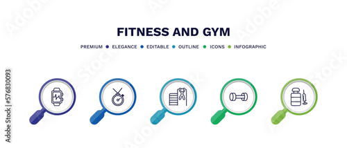 set of fitness and gym thin line icons. fitness and gym outline icons with infographic template. linear icons such as fitness bracelet, training watch, tightening bar, lifting dumbbells, steroids