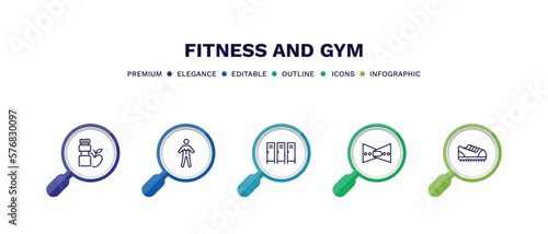 set of fitness and gym thin line icons. fitness and gym outline icons with infographic template. linear icons such as fitness food, anatomy, locker, lumbar belt, trainers vector.