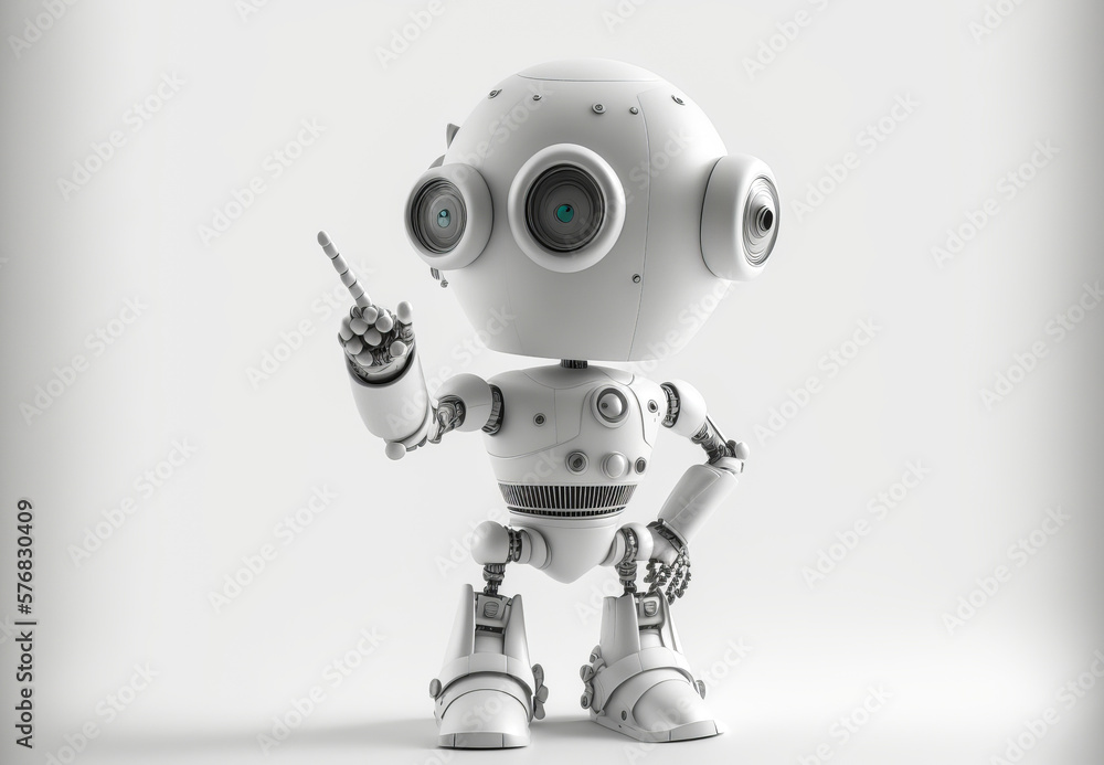 An ultra-modern white robot on a white background pointing at something. A stylish and effective image to create a powerful and realistic visual impact. Generative AI An ultra-modern white robot on a white background pointing at something. A stylish and effective image to create a powerful and realistic visual impact. Generative AI