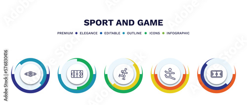 set of sport and game thin line icons. sport and game outline icons with infographic template. linear icons such as champion belt, hockey arena, ice skating, dancer motion, basketball court vector.