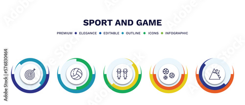 set of sport and game thin line icons. sport and game outline icons with infographic template. linear icons such as dartboard with dart, volleyball ball, shin guards, balls, snow slide zone vector.
