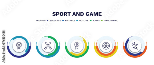 set of sport and game thin line icons. sport and game outline icons with infographic template. linear icons such as weight lifting medal, saber, third, football ball circular, slalom vector.