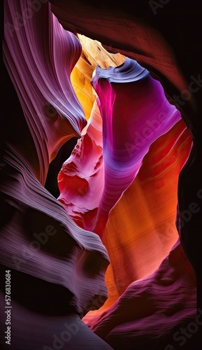 Imaginary canyon, vibrant multicolored sandstone, AI generative background for social media stories.
