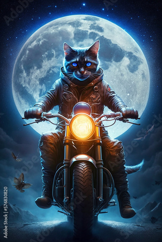 Cat motorcyclist with blue eyes moves towards the camera, generated by AI.
