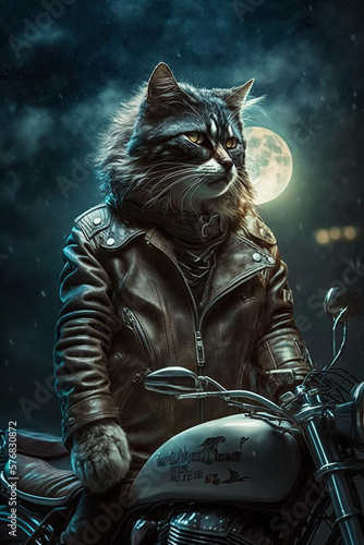 Brutal cat in a leather jacket on a motorcycle at night, generated by AI.