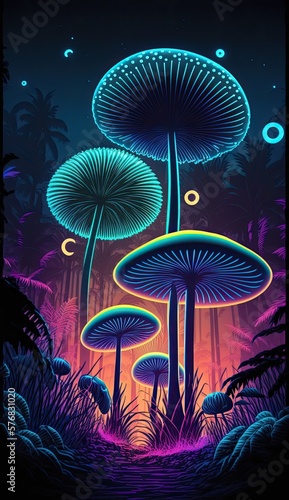 Magic mushrooms, psychdelic illustration in vibrant neon colors, line art on black, AI generative photo