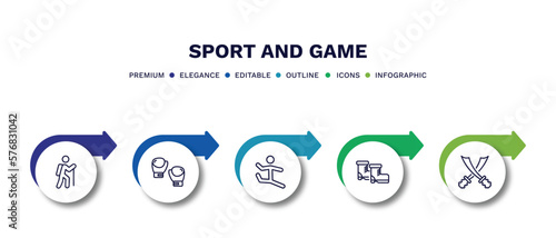 set of sport and game thin line icons. sport and game outline icons with infographic template. linear icons such as trekking, boxing glove, dancer motion, ski boots, saber vector.