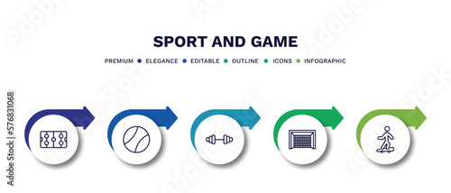 set of sport and game thin line icons. sport and game outline icons with infographic template. linear icons such as hockey arena, tennis sport ball, gym weight, hockey goal, boy with skatingboard