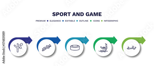 set of sport and game thin line icons. sport and game outline icons with infographic template. linear icons such as taekwondo, waiter falling, hockey puck, scuba diving, volleyball motion vector.