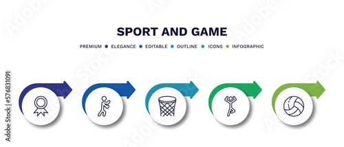 set of sport and game thin line icons. sport and game outline icons with infographic template. linear icons such as golden medal, man punching, basketball basket, yoga posture, volleyball ball