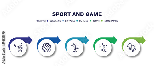 set of sport and game thin line icons. sport and game outline icons with infographic template. linear icons such as breakdance, gym ball, excersice, slalom, two boxing gloves vector.