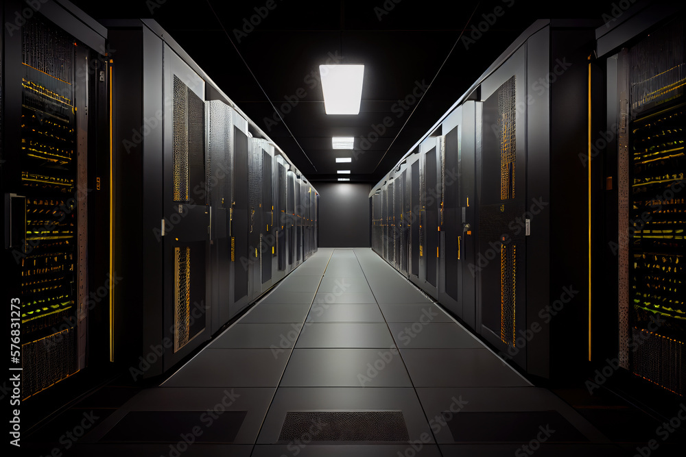 Dark servers data center room with computers and storage systems 3D rendering