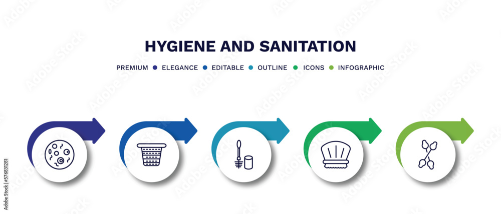 set of hygiene and sanitation thin line icons. hygiene and sanitation outline icons with infographic template. linear icons such as microbes, laundry basket, toilet brush, shower cap, cotton swabs set of hygiene and sanitation thin line icons. hygiene and sanitation outline icons with infographic template. linear icons such as microbes, laundry basket, toilet brush, shower cap, cotton swabs