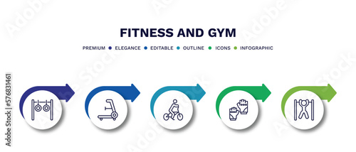 set of fitness and gym thin line icons. fitness and gym outline icons with infographic template. linear icons such as rings exercises, rowing hine, riding bicycle, fitness gloves, bar exercising
