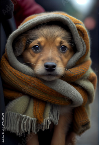 Puppy is wrapped in a warm blanket. AI Generated ©  iiulia