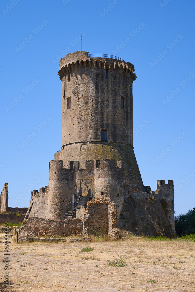 The Norman Tower, called Torre di Velia in the Unesco World Heritage Site of Elea in the Salerno region of southern Italy. Medieval excavation on a sunny day.