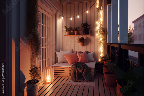 Cozy balcony with lots of flower pots and a place to relax and read. AI generated photo