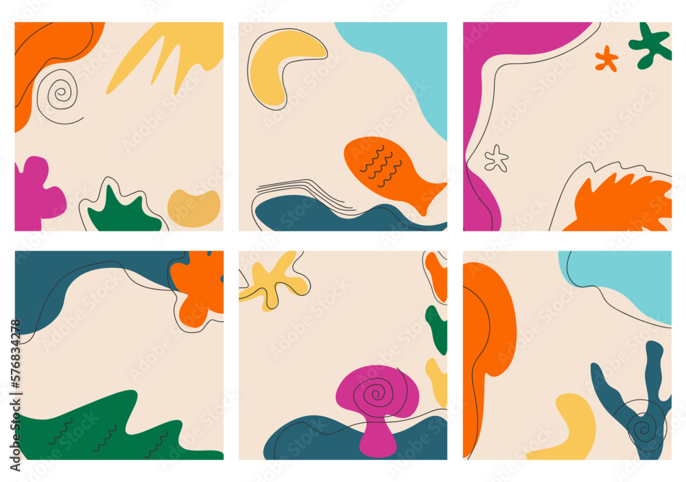 A set of six abstract backgrounds, hand-drawn various shapes and doodles, as well as plant elements, modern minimalistic style A set of six abstract backgrounds, hand-drawn various shapes and doodles, as well as plant elements, modern minimalistic style