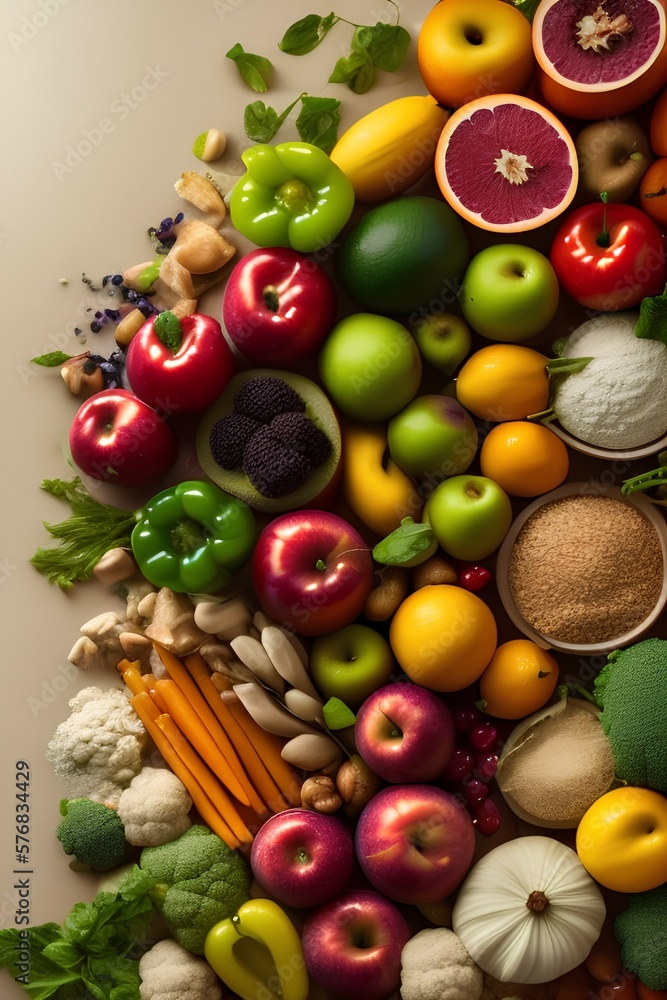 Assortment of fresh organic fruits and vegetables and healthy vegan meal ingredients on beige background - generative ai