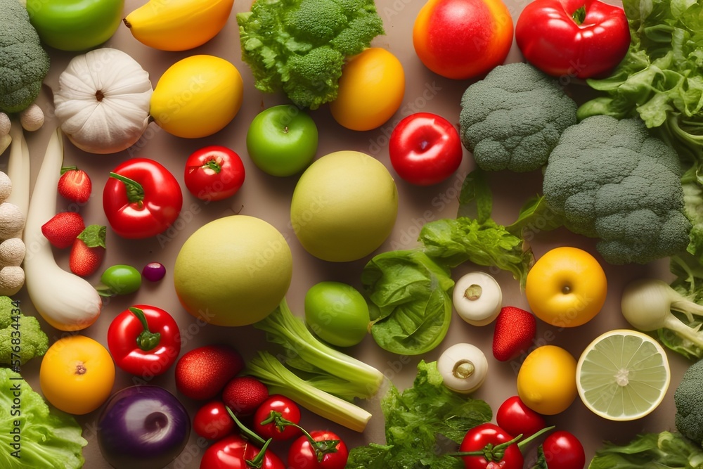 Assortment of fresh organic fruits and vegetables and healthy vegan meal ingredients on beige background - generative ai Assortment of fresh organic fruits and vegetables and healthy vegan meal ingredients on beige background - generative ai