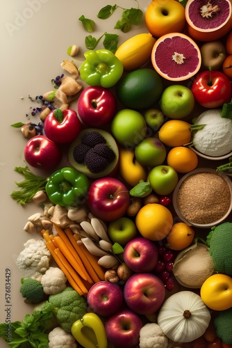 Assortment of fresh organic fruits and vegetables and healthy vegan meal ingredients on beige background - generative ai