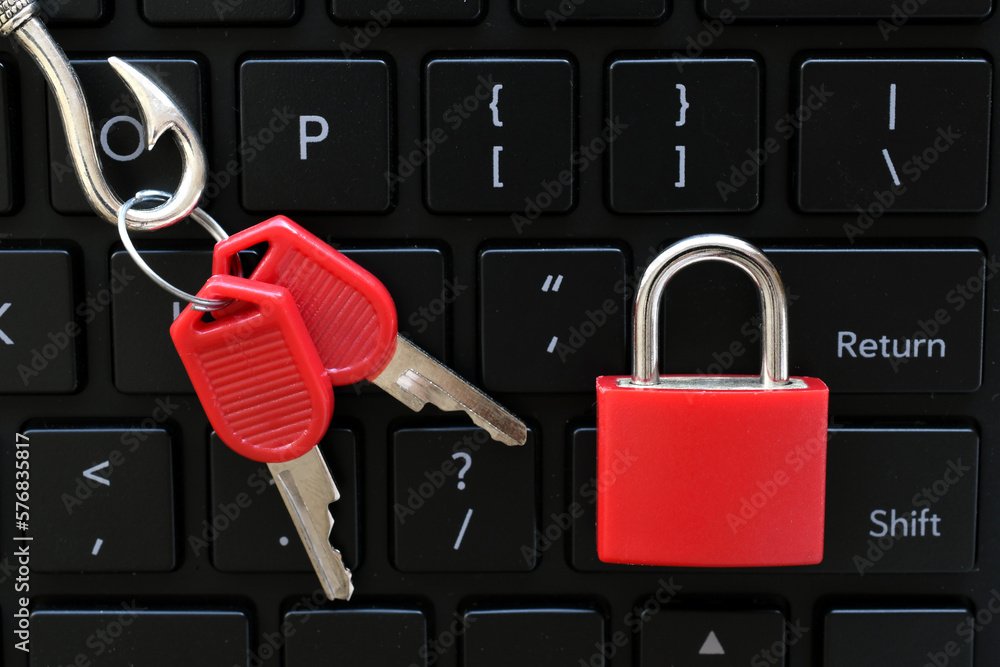 Phishing scam fraud security breach cyber attack concept a red lock