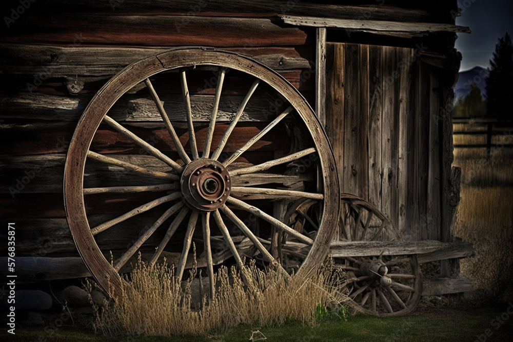 Rustic wagon wheel leaning against weathered building by generative AI Rustic wagon wheel leaning against weathered building by generative AI