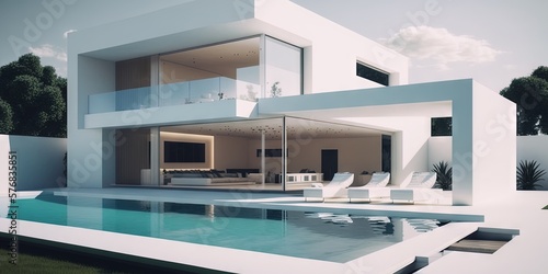 A contemporary exterior house with a white terrace and a swimming pool, Generative AI © Oleksii
