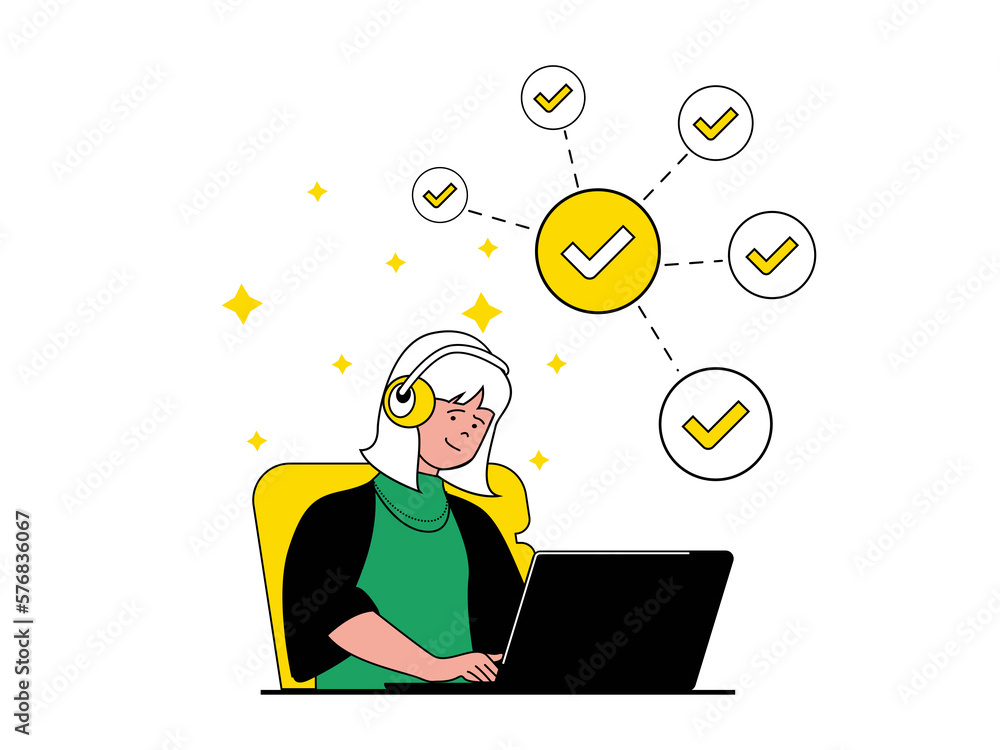 Productivity workplace concept with character situation. Woman works on laptop and performs work tasks, organizes workflow in office. Illustrations with people scene in flat design for web Productivity workplace concept with character situation. Woman works on laptop and performs work tasks, organizes workflow in office. Illustrations with people scene in flat design for web