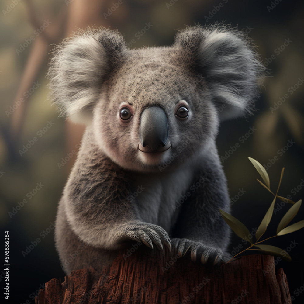 Obraz premium Australian koala in its natural habitat, brown trees and greenery surrounding the koala.