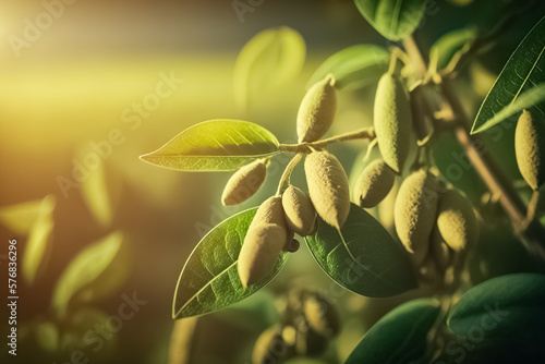 Young green pods of varietal soybeans on a plant stem in a soybean field. Selective focus. Young soybean pods in a soybean field on a sunny day. generative ai 