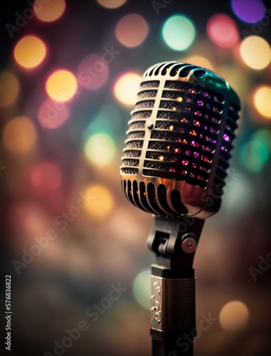 gorgeous microphone on colorful bokeh background.