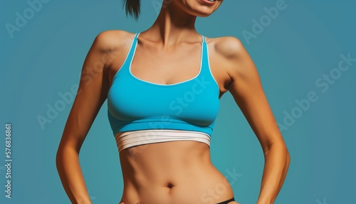 Young skinny beauty in sport bra isolated on blue background © JW Studio