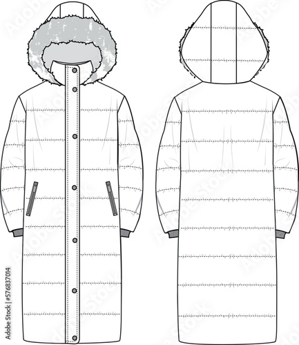 Unisex Hooded Duvet Puffer. Technical fashion illustration. Front and back, white color. Unisex CAD mock-up.