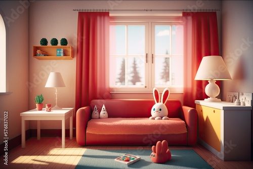 Updated  simple room with lots of natural light and Easter trimmings. Generative AI