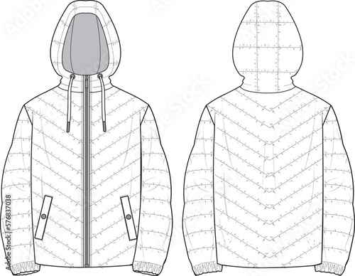 Unisex Quilted Hooded Zip-up Puffer Jacket. Technical fashion illustration. Front and back, white color. Unisex CAD mock-up.