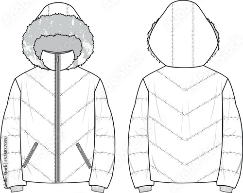 Unisex Hooded Puffer. Technical fashion illustration. Front and back, white color. Unisex CAD mock-up.