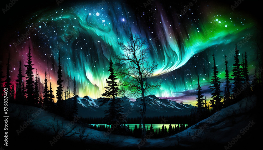 fantasy forest with aurora northern lights