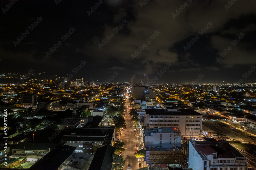 Beautiful aeria view of the city of San Jose Costa Rica at Night, full of lights