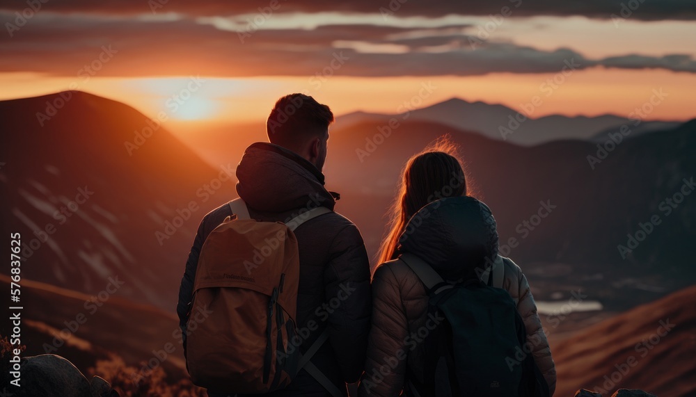 Couple looking at the mountains at sunset